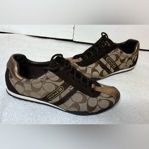 Coach Kate Shoes Womens 7.5 Brown Gold Trim Monogram Q048 Leatherware Sneakers